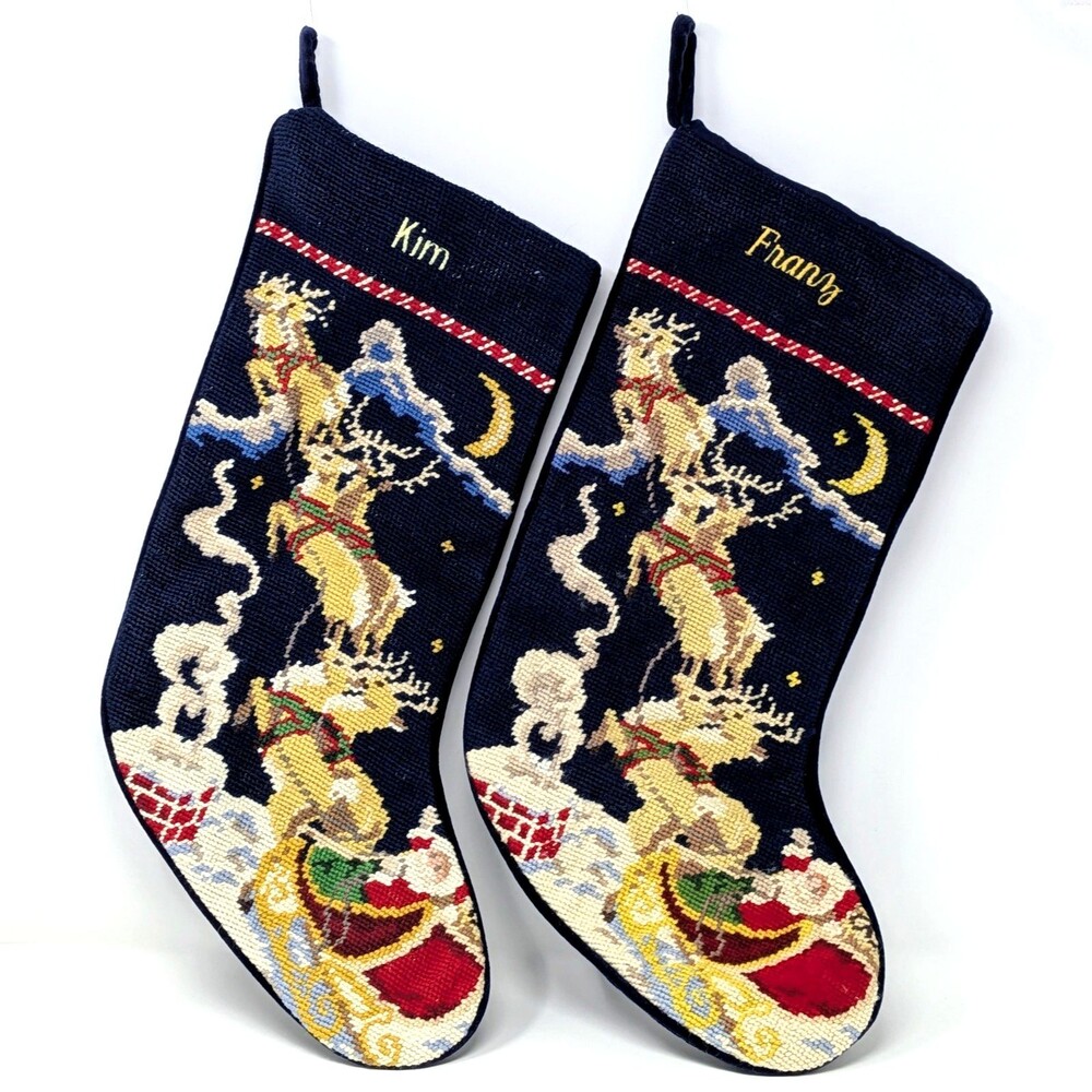 Lands' End Santa Reindeer Wool Needlepoint Christmas Stocking Lot | KIM & FRANZ